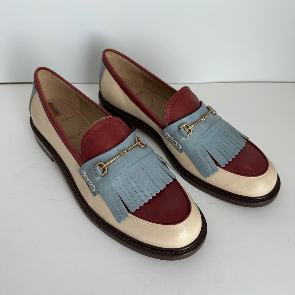 Sam Edelman Anthro women cream blue maroon leather Cammi Loafers fringe size 9.5